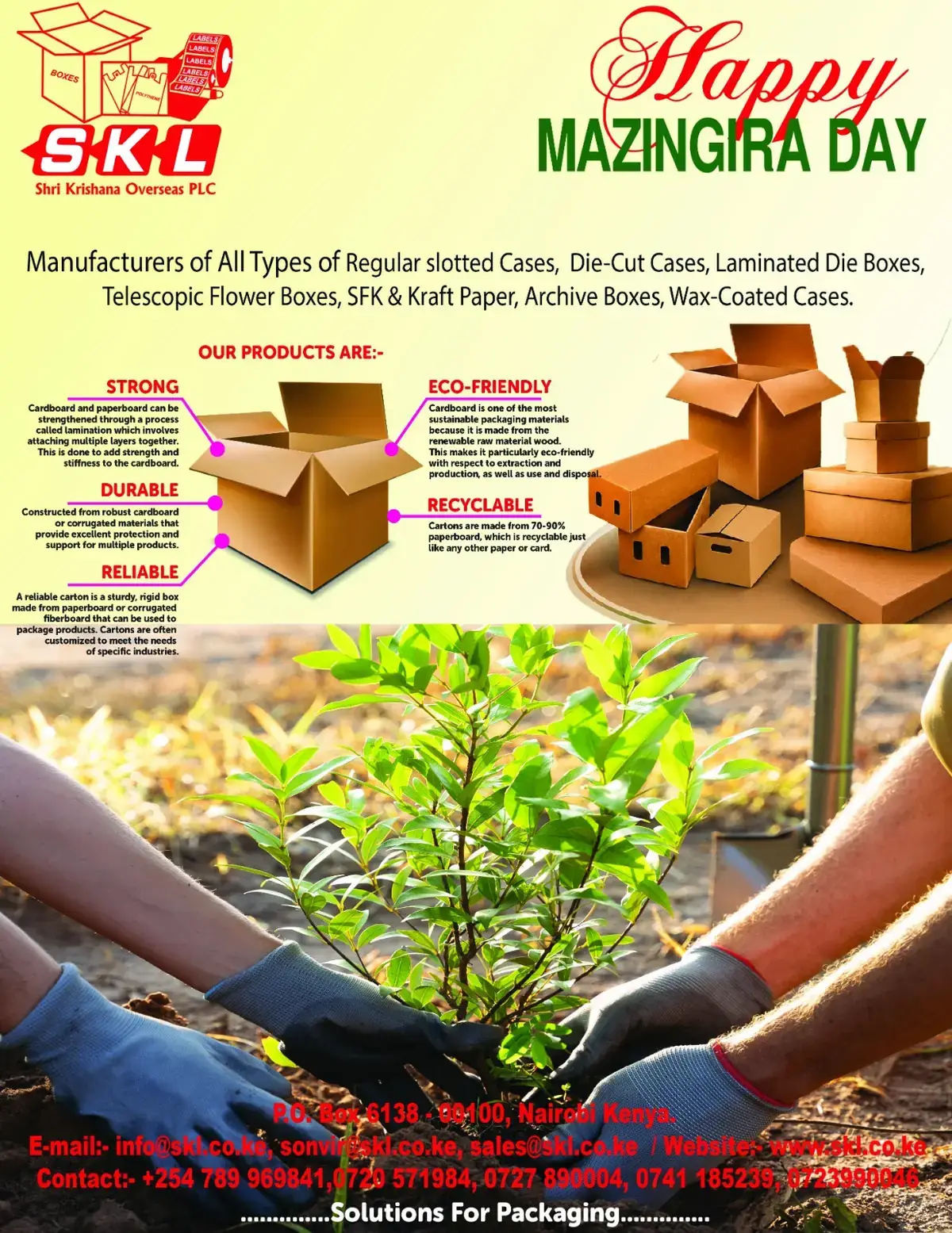 SKL Happy Mazingira Day poster showing corrugated cartons and two people planting a tree seedling